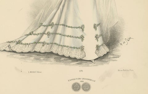 Victorian Bridal Elegance: Exquisite Wedding Gowns in Lithograph, 1889, close-up 3