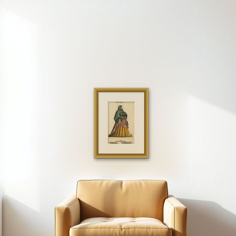Venetian Woman, Rare Antique Costume Woodcut by Jost Amman, 16th Century, shown framed on a wall