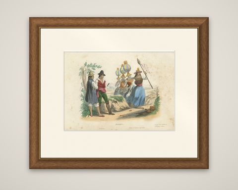 Original Antique Costume Print of Peru, Arrieros & Aymara Dance, c.1840, shown framed