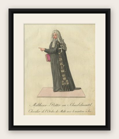 Maltese Knight in Beaked Cloak: 1791 Hand-Colored Engraving of Ceremonial Dress, shown framed