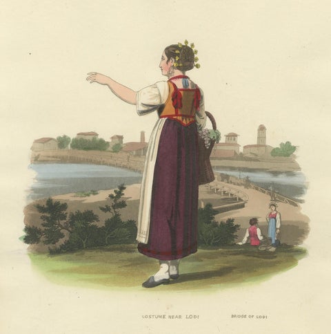 Costume Print: Woman near the Bridge of Lodi, Lombardy, Italy - 1820s Engraving, close-up 4