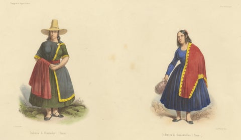 Peruvian Women's Costumes, Huarochirí & Huancavelica, Hand-Colored, 1841, close-up 1