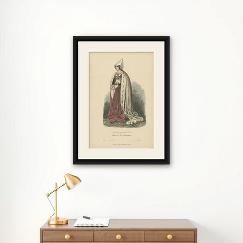 Antique Costume Print of a Patrician Woman from Lübeck, Germany, c.1880, shown framed on a wall