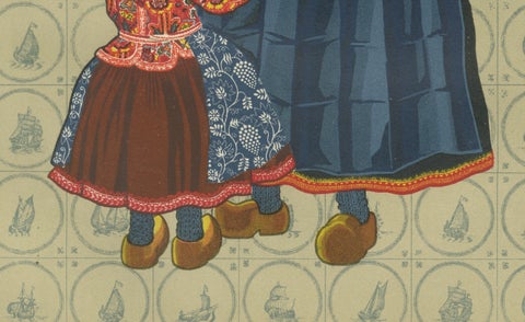 Dutch Women and Infant Traditional Dress from Marken, Old Costume Print, 1932, close-up 1