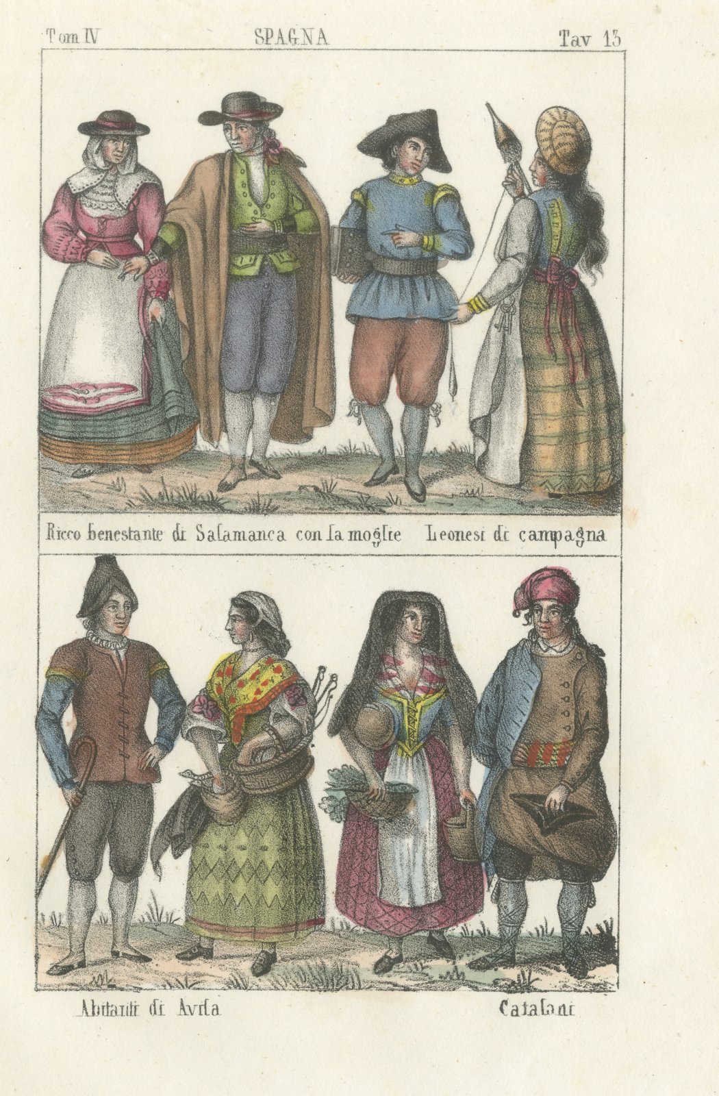 Costume of Salamanca, Leon, Avila and Catalonia, Hand Colored Lithograph, 1842