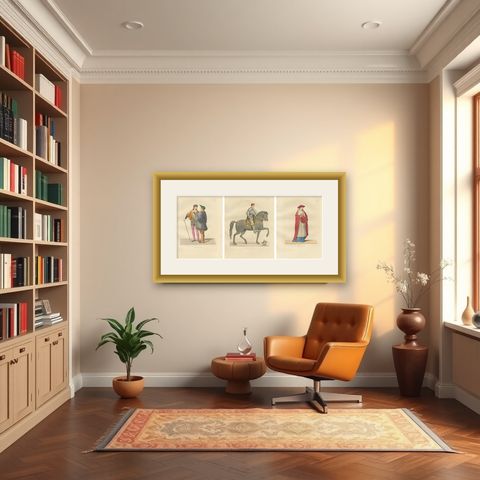 Renaissance Italian Figures: Pages, Cavalier, and Cardinal in Costume, 1845, shown framed in a room