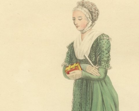 Lady of Rotterdam in a Green Gown, Antique Ackermann Print, 1817, close-up 1