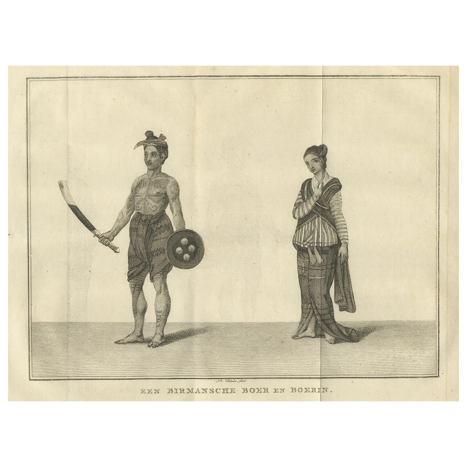 Tattooed Burmese Farmer and His Wife, Antique Costume Print, circa 1800