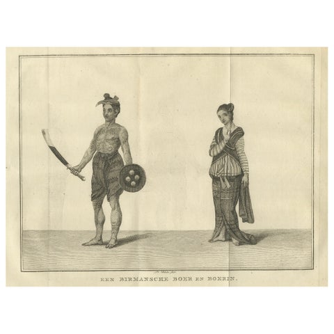 Tattooed Burmese Farmer and His Wife, Antique Costume Print, circa 1800