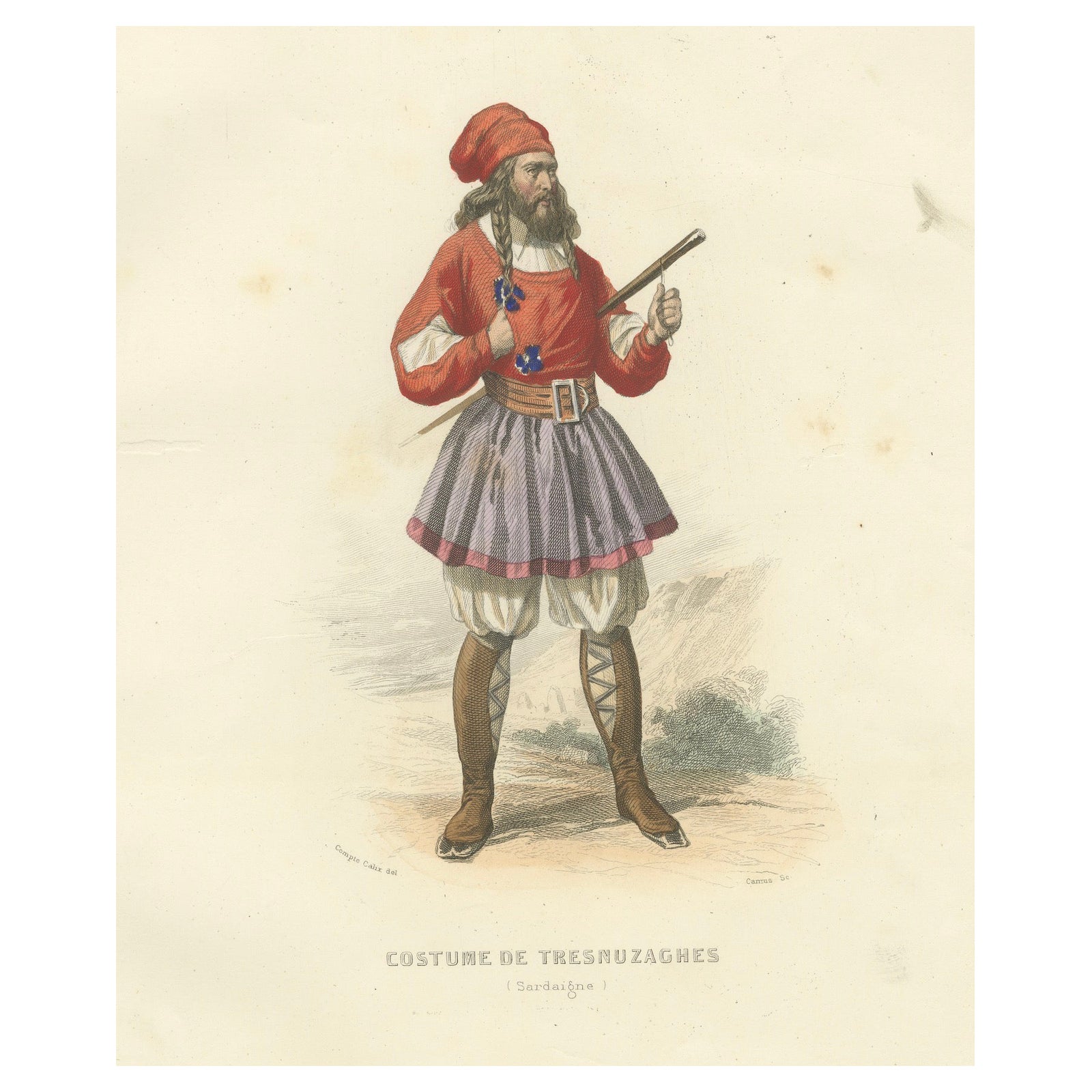 Sardinian Man Costume Print Tresnuraghes 1853 by Compte-Calix, Hand-Colored