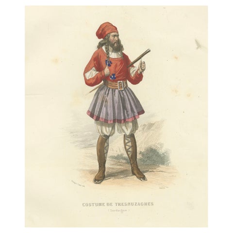 Sardinian Man Costume Print Tresnuraghes 1853 by Compte-Calix, Hand-Colored
