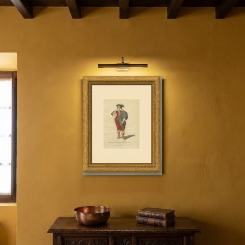 English Nobleman in 1640, Cavalier Dress with Plumed Hat, Jefferys Print, 1757, shown framed on a wall