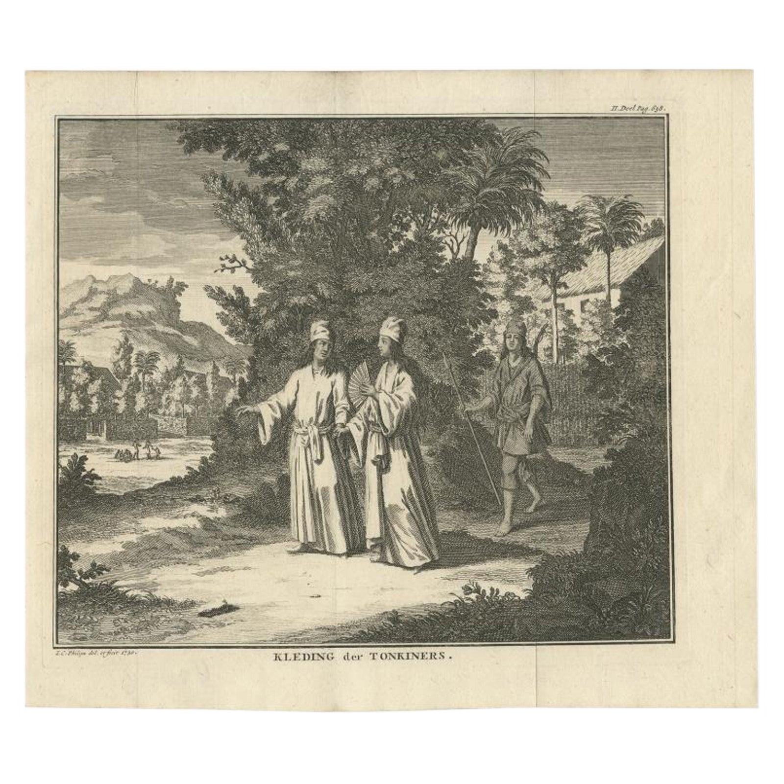Original Antique Costume Print of Tonkin People from Vietnam in Asia, 1730