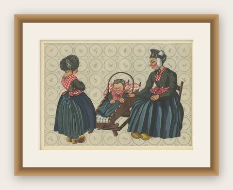 Charming Dutch Folk Art Print of Staphorst Mother and Children in Costume, 1932, shown framed