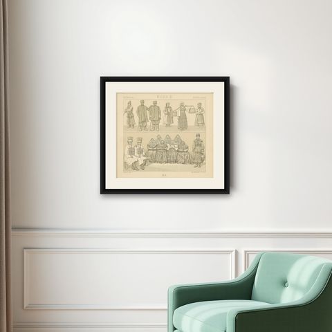 Pl. 111 Antique Print of Russian Costumes Racinet, 'circa 1880', shown framed on a wall