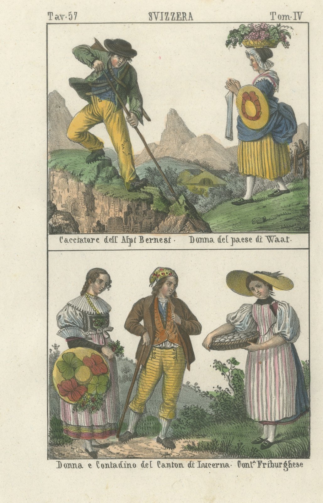 Swiss Costumes, Bernese Alps Hunter and Women of Vaud, Lucerne, Fribourg, 1842