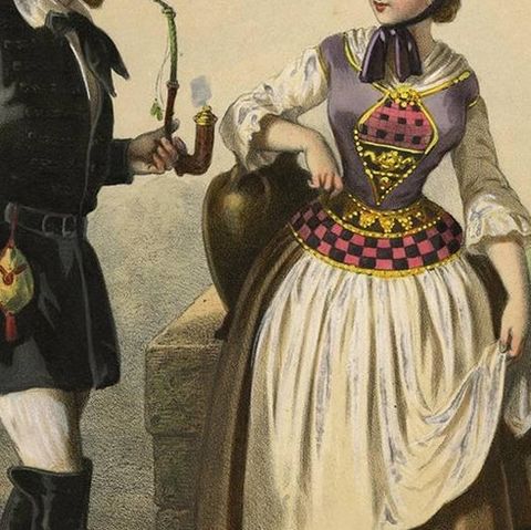 Antique Costume Print of Germany by A. Lacouchie, circa 1850, close-up 1
