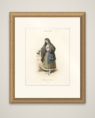 Original Antique Handcolored Print Depicting a Woman from Puebla, Mexico, 1850, shown framed