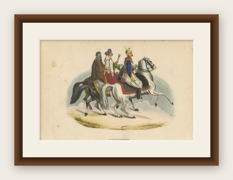 Antique Costume Print of Egyptian Horsemen by Wahlen, 1843, shown framed