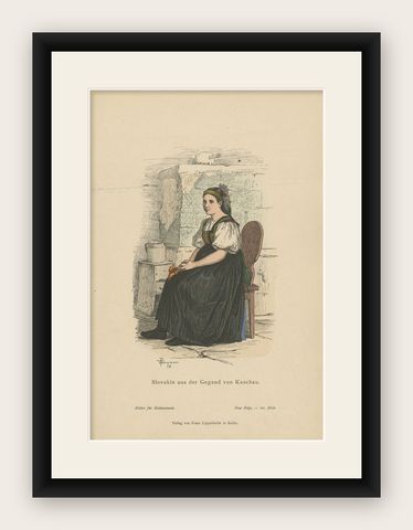 Antique Costume Print of a Slovakin from the Region of Košice, ca 1880, shown framed