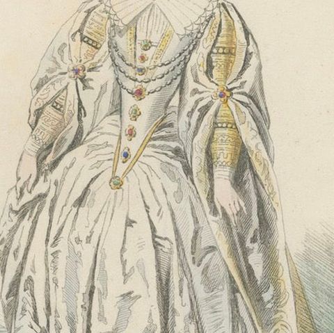 Antique French Costume Print of Marguerite Duchesse de Savoie, Renaissance Dress, close-up 5