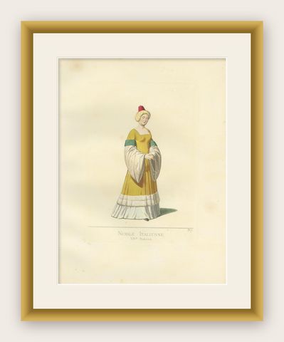 Antique Print of an Italian Noblewoman, 14th Century, by Bonnard, 1860, shown framed