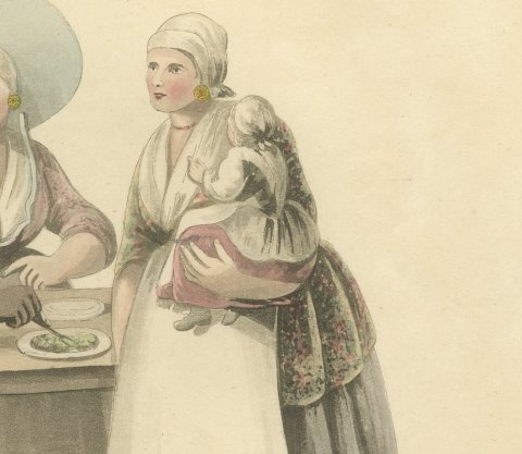 Group at the Fair at Rotterdam, Antique Ackermann Costume Print, 1817, close-up 2
