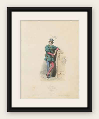 Antique French Costume Print of Medieval Page Boy, Hand-Colored, 19th Century, shown framed