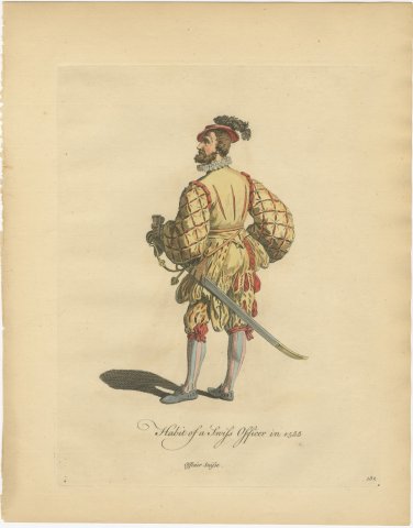 Habit of a Swiss Officer in 1588, Hand Colored Jefferys Costume Plate, 1757, view 2