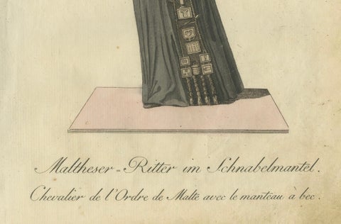 Maltese Knight in Beaked Cloak: 1791 Hand-Colored Engraving of Ceremonial Dress, close-up 1