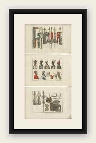 Set of 3 Antique Prints of Turkish Costumes & Utensils in the Middle Ages, 1810, shown framed