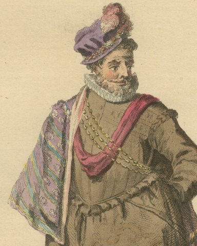 Nobleman of Burgundy in Purple Plumed Cap and Red Sash, Costume of 1581, 1757, close-up 1