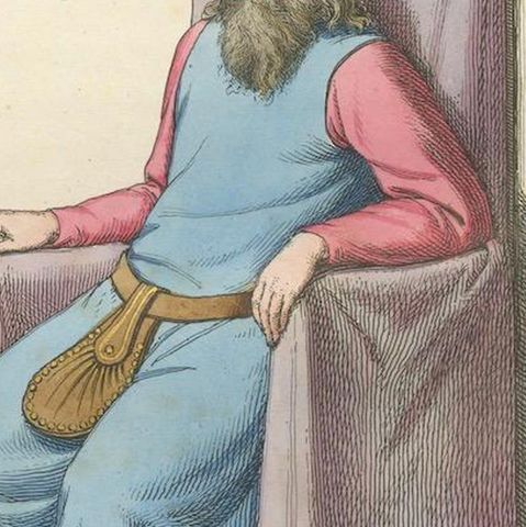 Medieval Elder in Throne c.1400s, Antique Costume Study Print, 1845, close-up 6