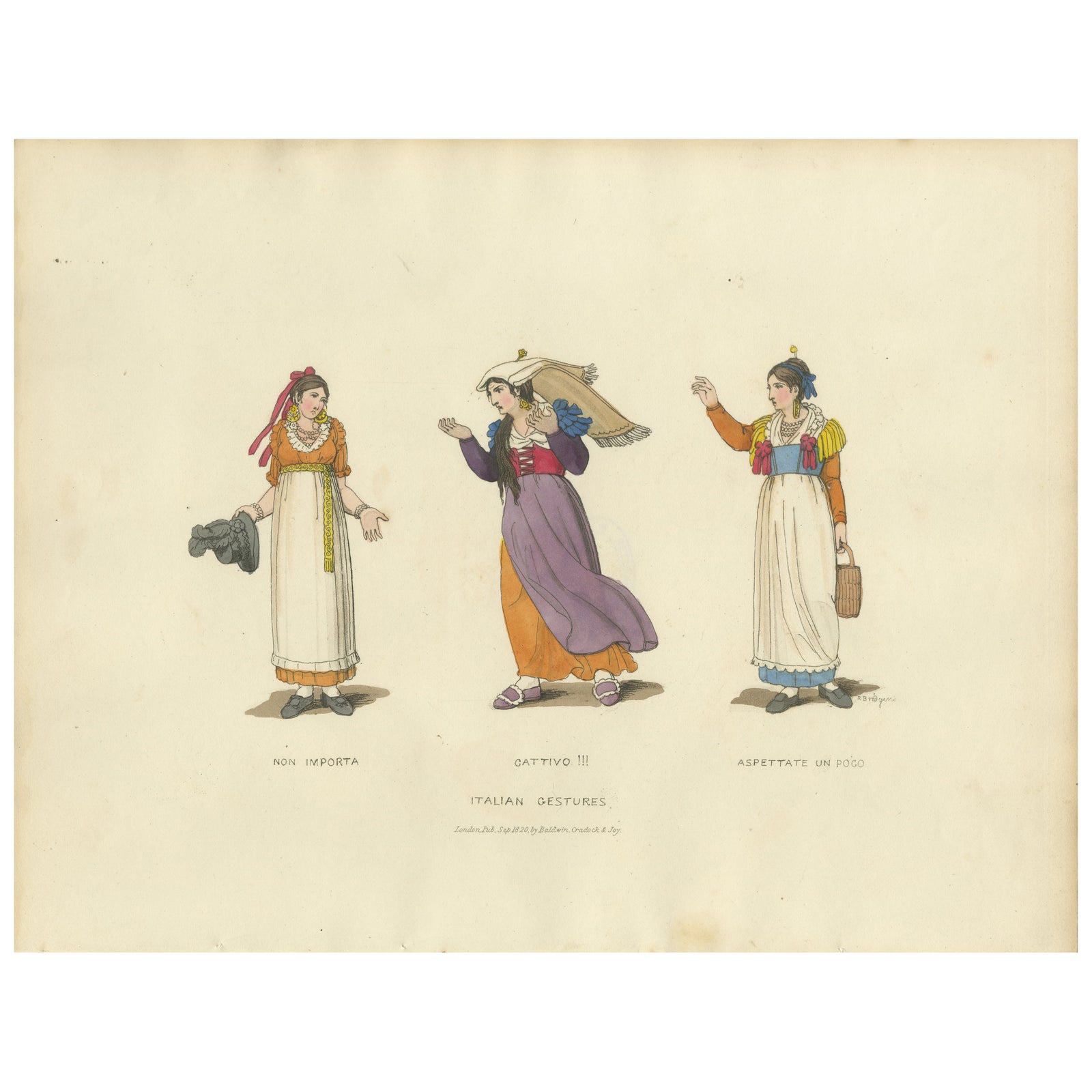 Italian Costume Print: Expressive Gestures of Women, Hand-Colored, 1820s