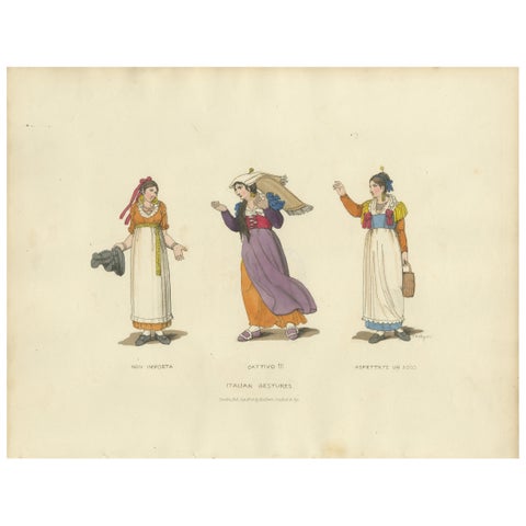 Italian Costume Print: Expressive Gestures of Women, Hand-Colored, 1820s