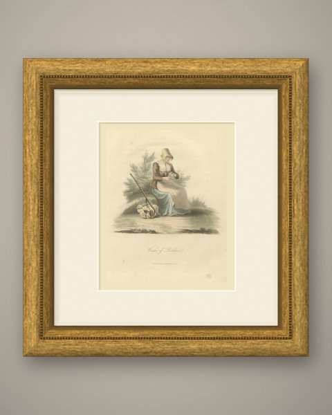 Woman of Brabant Resting with Staff and Bundle, Antique Ackermann Print, 1817, shown framed