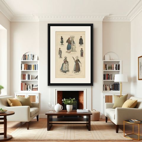 Antique Costume Print of Greece, France, Holland and Others, shown framed in a room