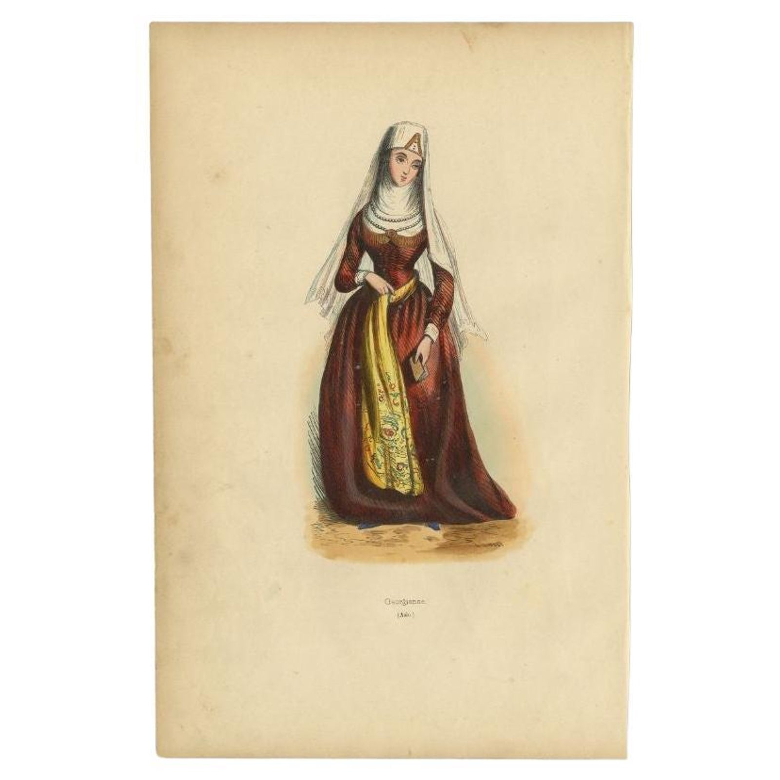 Georgienne Antique Print of Georgian Woman, Hand-Colored, 1843