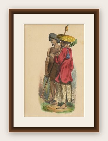 Antique Costume Print of an Inhabitant and Soldier of Cochinchina by Wahlen, shown framed