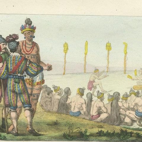 Antique Print of Warrior Costumes and Scenes of North America, '1845', close-up 2