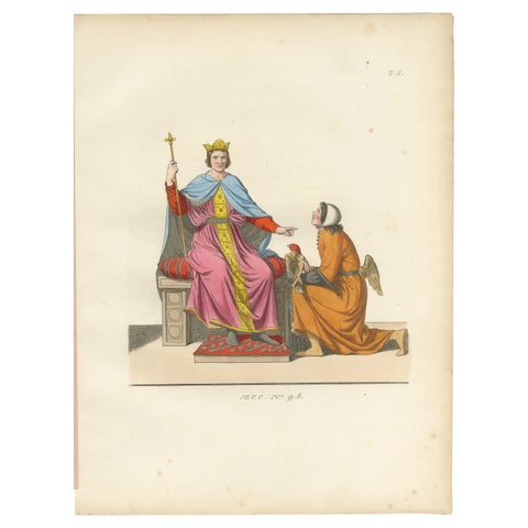 Antique 1845 Print, King and Angel in 15th Century Courtly Costume