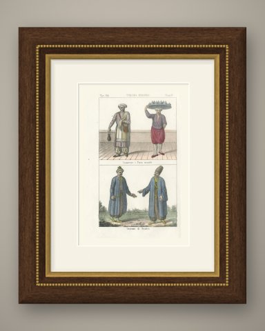 Ottoman Servant, a Food Carrier and Costumes of Bosnia, Lithograph, 1842, shown framed