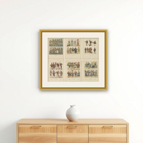 German Renaissance & Landsknecht Costumes 1500s, Set of 6 Antique Prints, 1880, shown framed on a wall