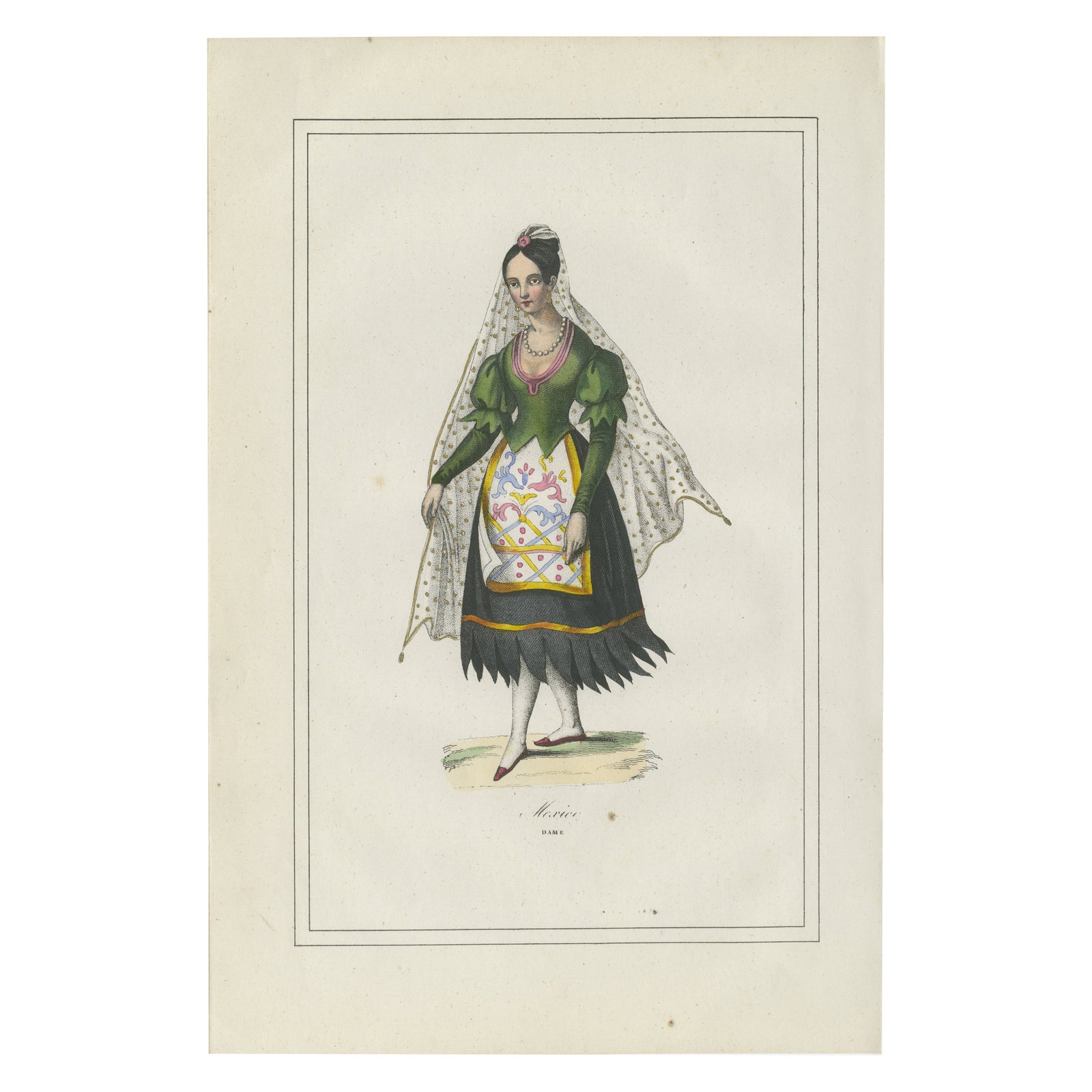 Mexican Woman Costume Print, Antique Hand-Colored Lithograph, 1854