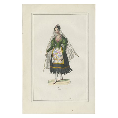 Mexican Woman Costume Print, Antique Hand-Colored Lithograph, 1854