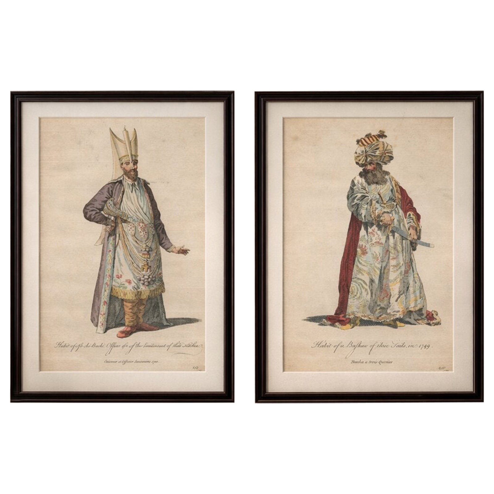 Ottoman Court Figures, Hand-Colored Costume Engravings Pair, c.1749