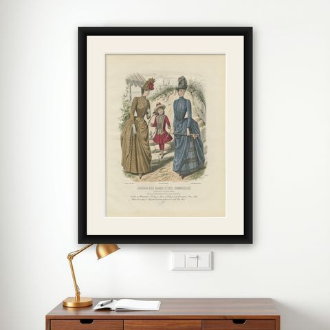 Antique French Fashion Plate, Ladies and Child in Park Scene, c.1880, shown framed on a wall