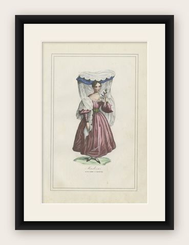Antique Costume Print of Mendoza, Young Woman in Traditional Dress, 1854, shown framed