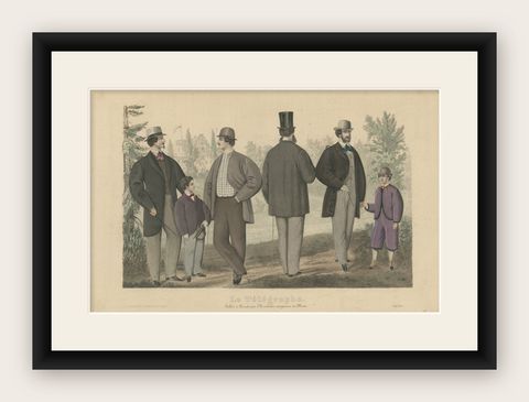 Antique Fashion Print of Men and Women Illustrating the Fashion Trend in 1864, shown framed