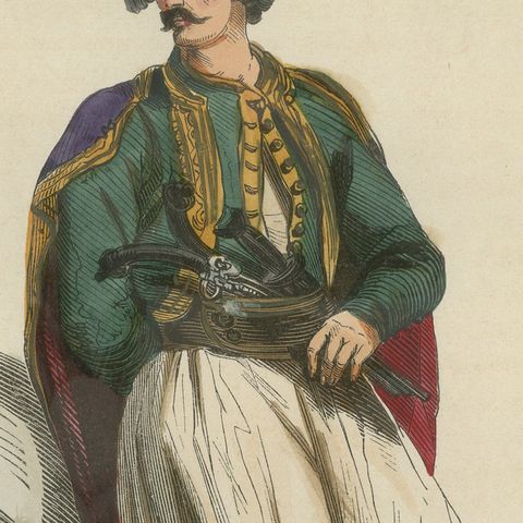 Greek Gentleman in Traditional Costume - Antique Hand-Colored Lithograph, 1852, close-up 6